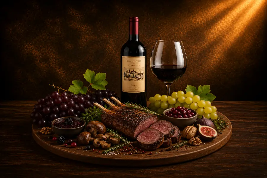 Plat de gibier accompagné de vin rouge