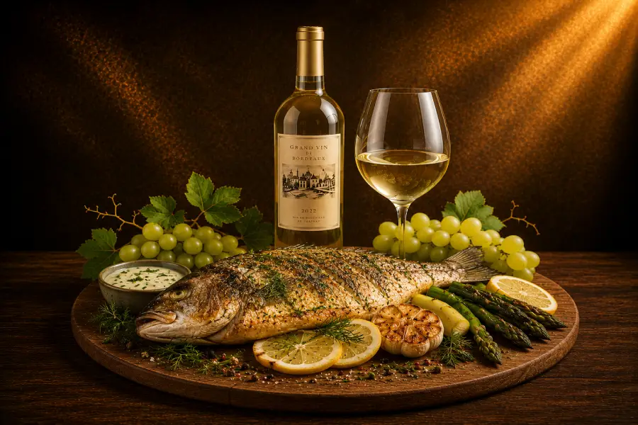 Plat de poisson accompagné de vin blanc
