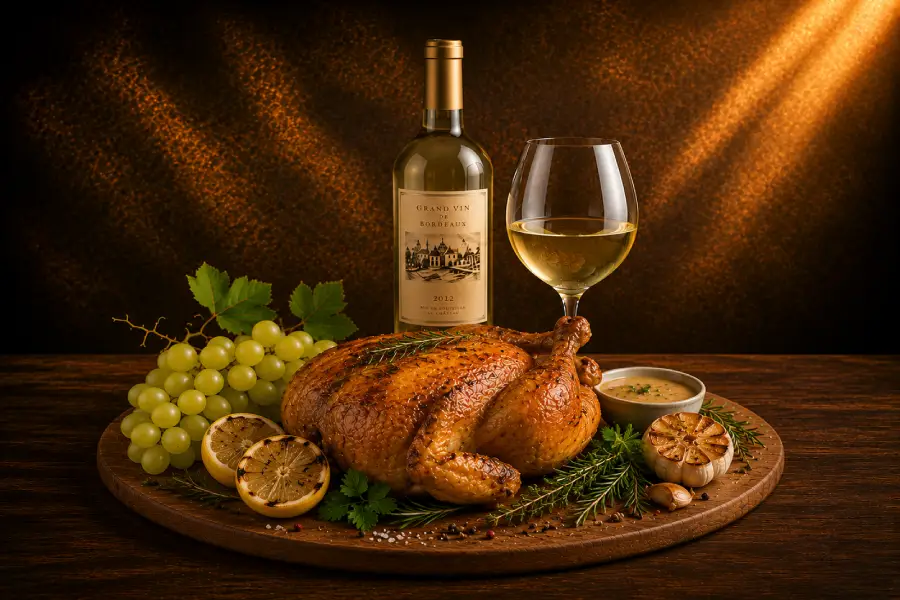 Volaille rôtie accompagnée de vin